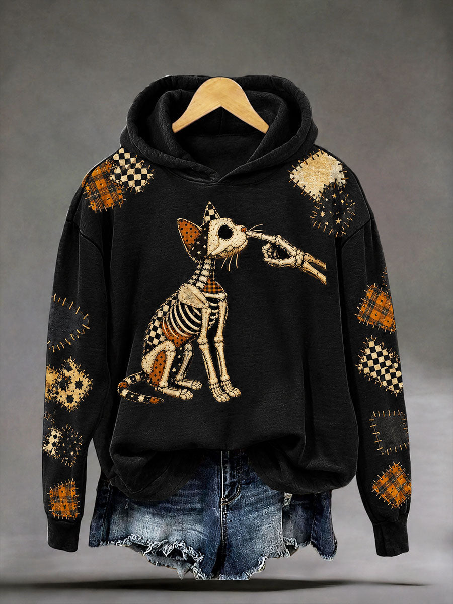 Skeleton Cat Patchwork Hoodie Halloween Spooky Merch Cute Halloween Outfit Finds - Animerelic