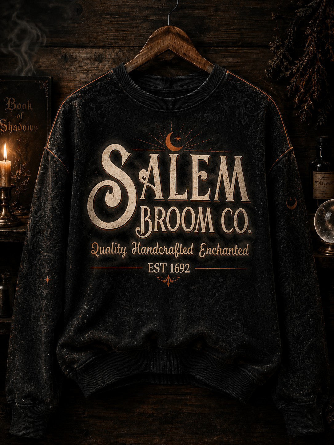 Salem Broom Co Quality Handcrafted Enchanted Est 1692 Sweatshirt Witchcraft Halloween Merch - Animerelic