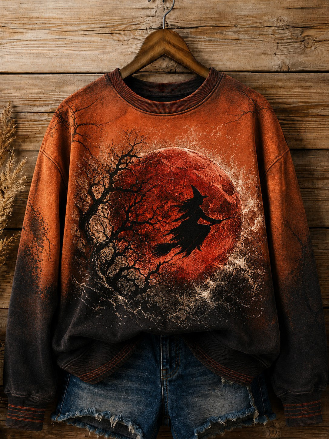 Gothic Witch Flying On Broomstick Blood Moon Sweatshirt Halloween Spooky Clothing Halloween - Animerelic