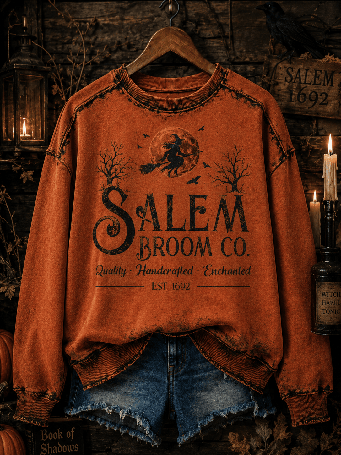 Salem Broom Co Quality Handcrafted Enchanted Est 1692 Sweatshirt Halloween Witch Merch - Animerelic