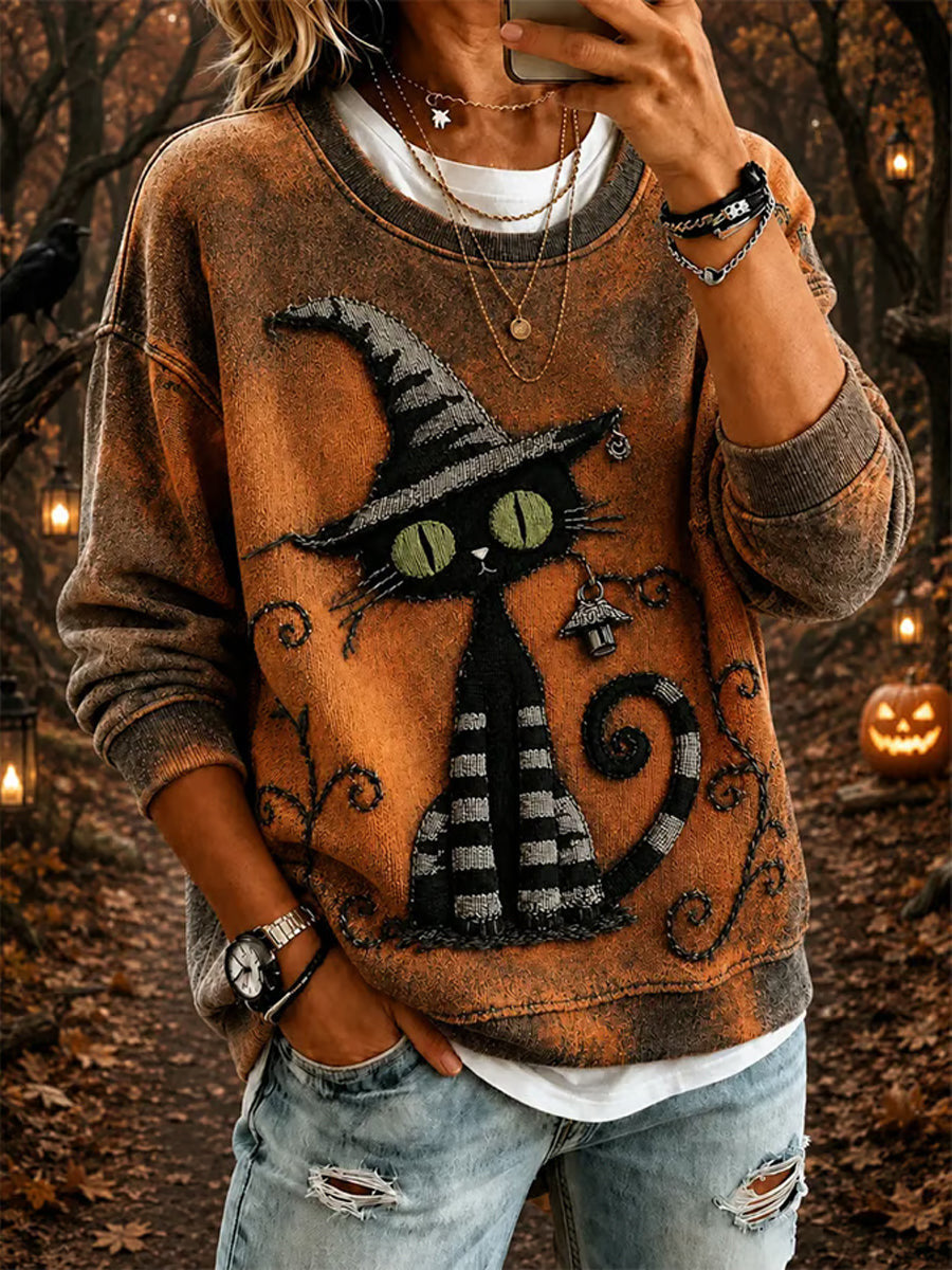 Black Cat Witch Hat Sweatshirt Halloween Clothing Spooky Gifts For Women - Animerelic