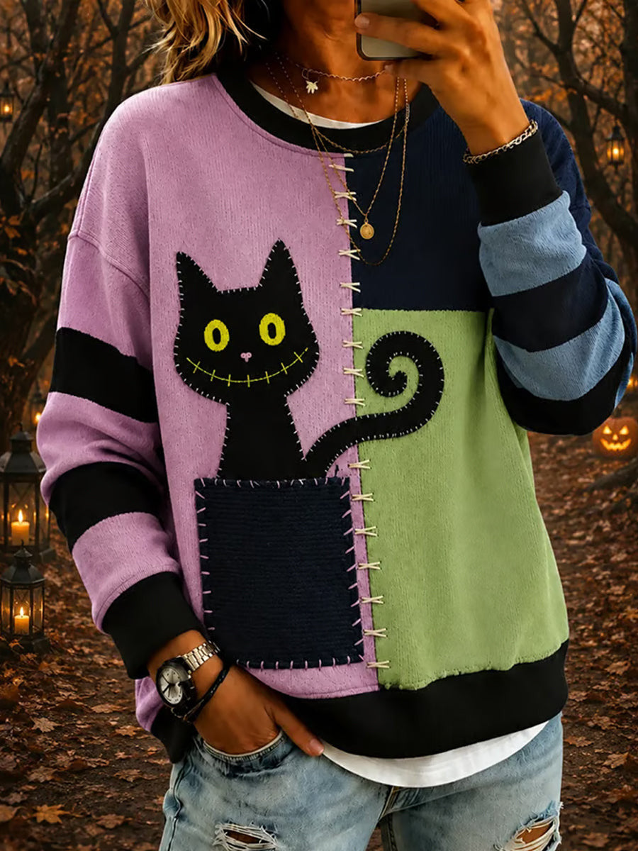 Cute Black Cat Patchwork Sweatshirt Halloween Clothing Gift For Halloween - Animerelic