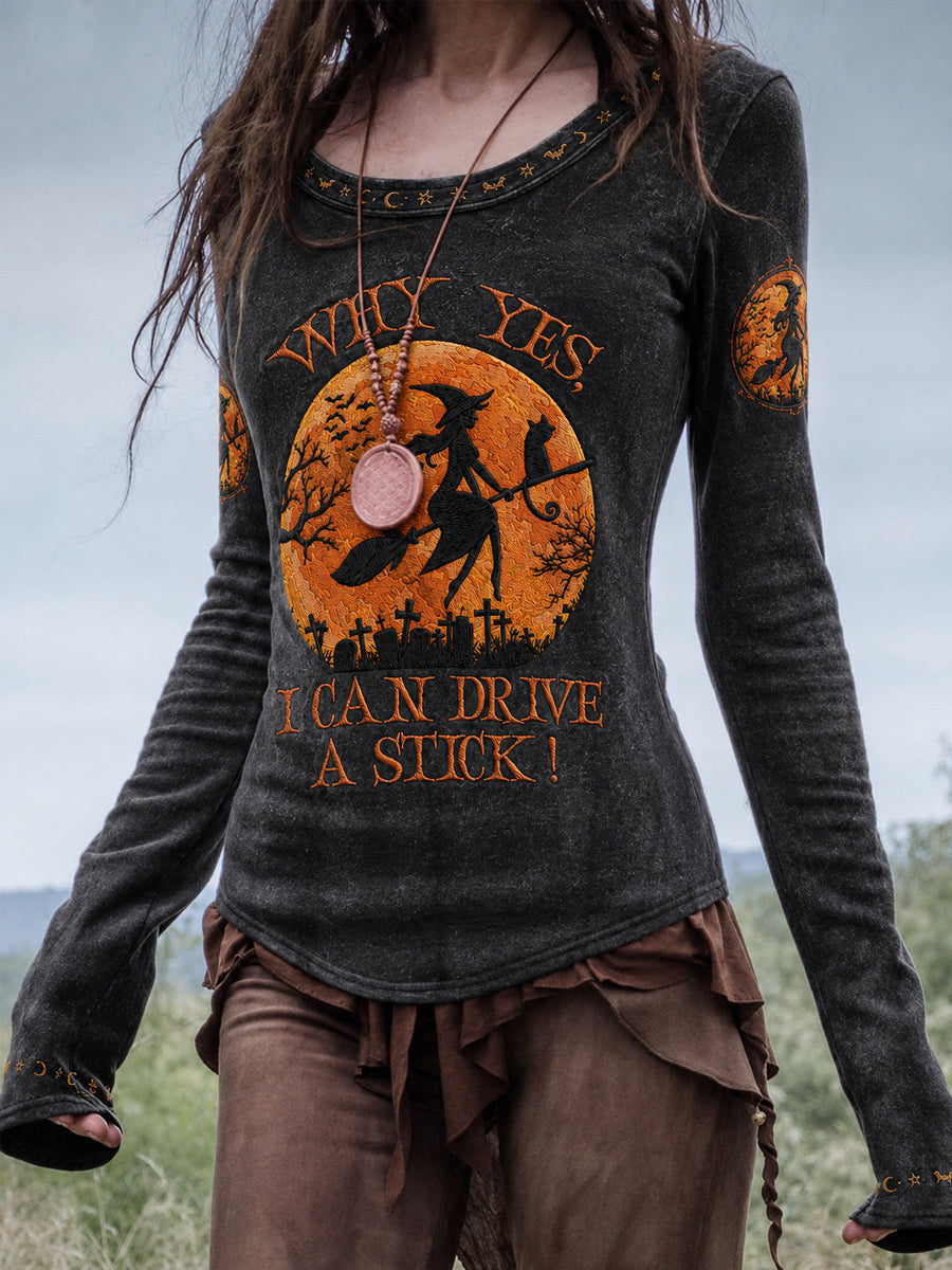 Why Yes I Can Drive A Stick Long Sleeve Shirt Halloween Witch Clothing Spooky Gifts For Her - Animerelic