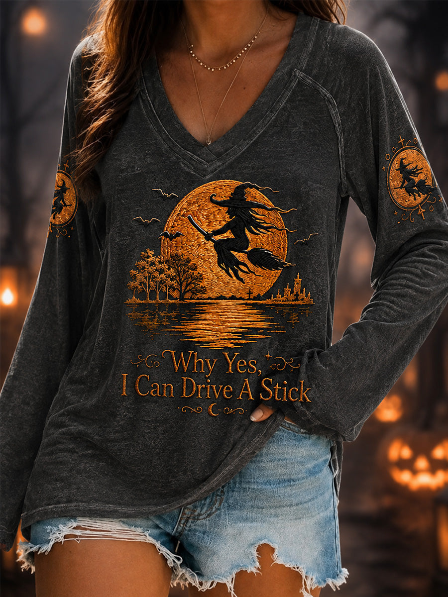 Why Yes I Can Drive A Stick V-Neck Long Sleeve Shirt Halloween Witch Clothing Halloween Gift - Animerelic