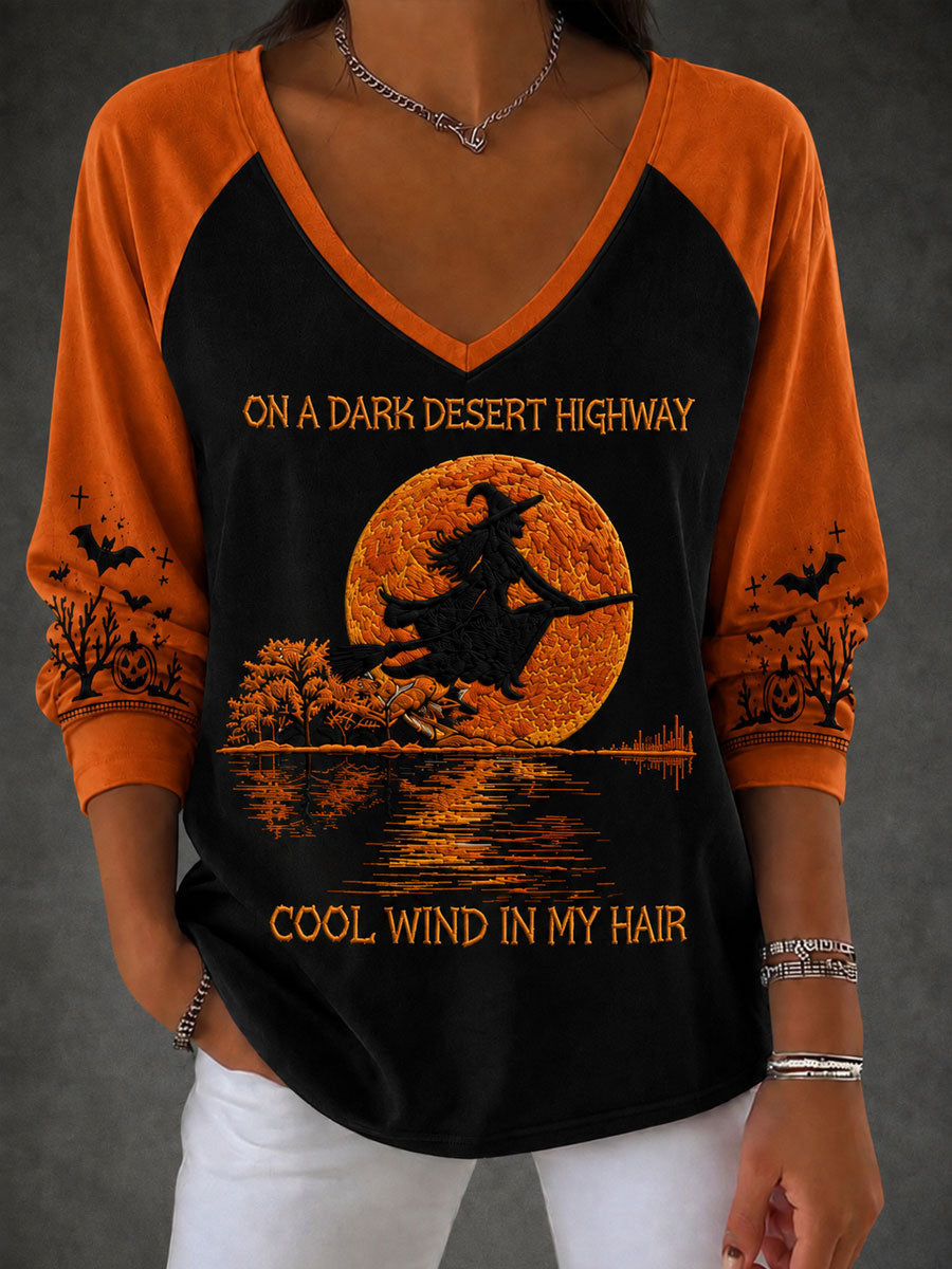 On A Dark Desert Highway Cool Wind In My Hair V-Neck Long Sleeve Shirt Halloween Witch Merch - Animerelic