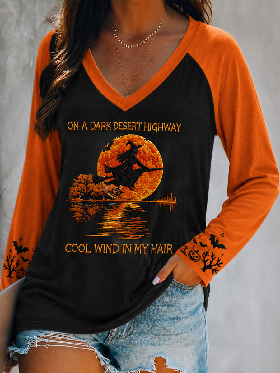 On A Dark Desert Highway Cool Wind In My Hair V-Neck Long Sleeve Halloween Witch Merch - Animerelic