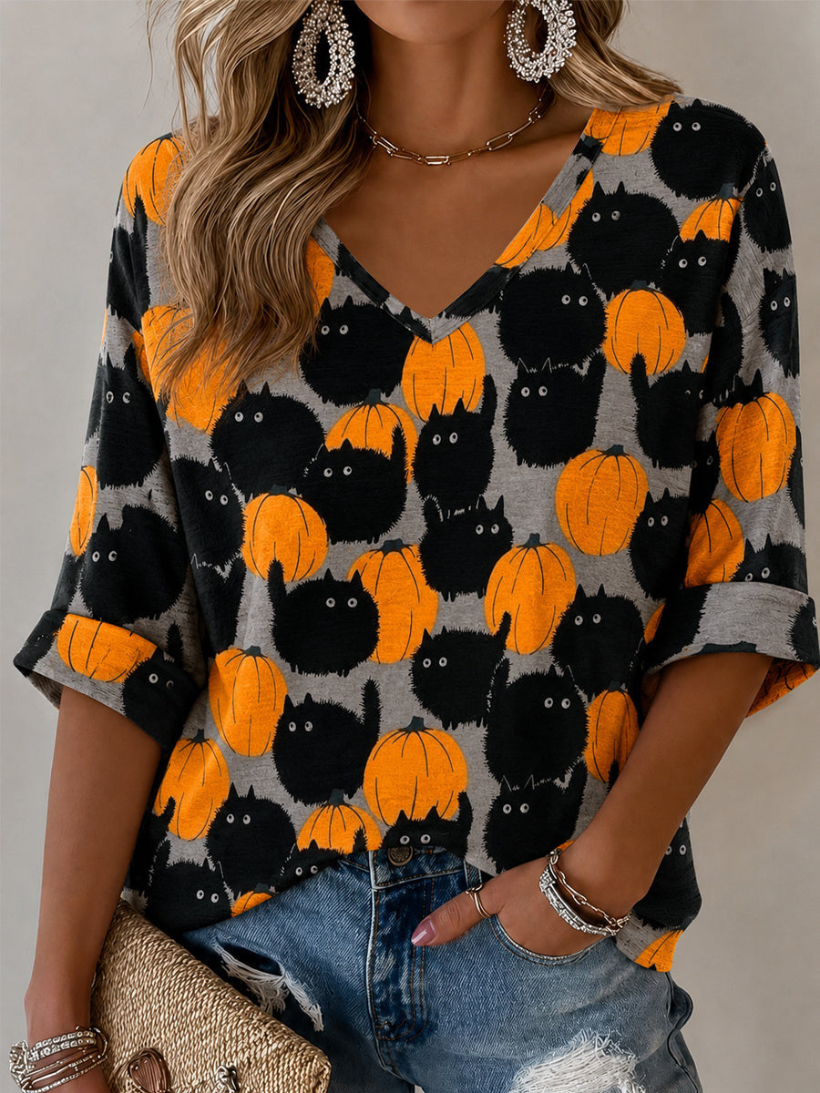Cute Black Cats Pumpkins Cropped Sleeve V-Neck Shirt Halloween Clothing Halloween For Her - Animerelic