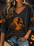 Why Yes I Can Drive A Stick Cropped Sleeve V-Neck Shirt Halloween Witch Merch Ideas For Wife - Animerelic