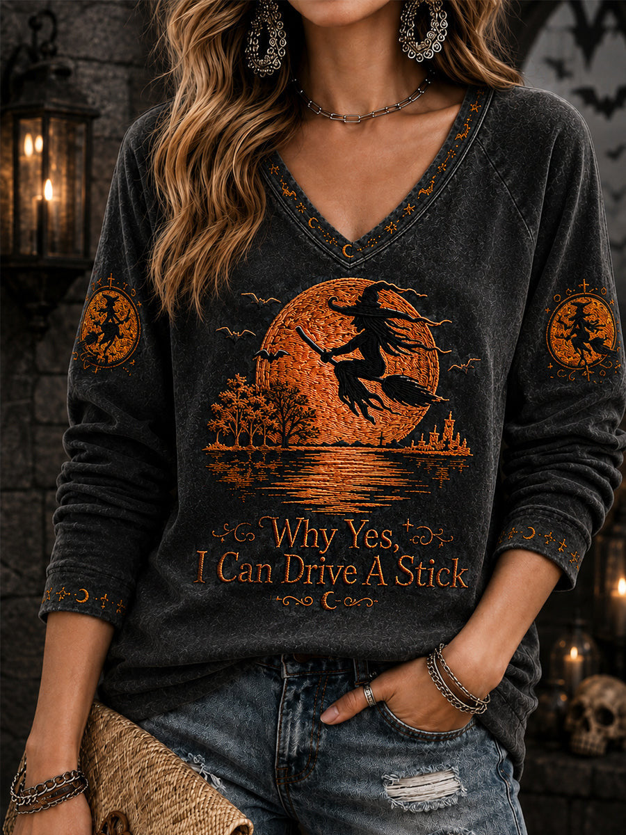 Why Yes I Can Drive A Stick Cropped Sleeve V-Neck Shirt Halloween Witch Merch New Season Ideas - Animerelic
