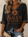 Salem Broom Co Quality Handcrafted Enchanted Est 1692 Cropped Sleeve V-Neck Shirt Moon Clothing - Animerelic