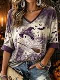 Cute Ghost Witch Broom Flowers Cropped Sleeve V-Neck Shirt Halloween Clothing Halloween Gift - Animerelic