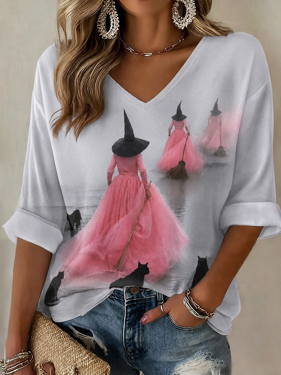 Three Witches Brooms Black Cats Cropped Sleeve V-Neck Shirt Halloween Witch Merch Gift - Animerelic