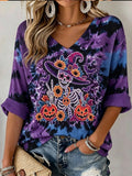 Hippie Skeleton Witch Sunflower Tie Dye Cropped Sleeve V-Neck Shirt Fan Gift Ideas - Animerelic