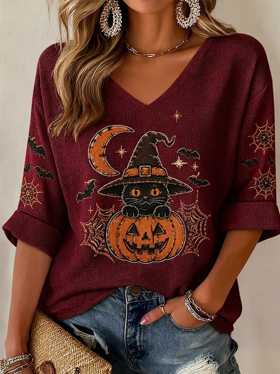 Black Cat Witch Pumpkin Moon Cropped Sleeve V-Neck Shirt Halloween Spooky Outfit - Animerelic