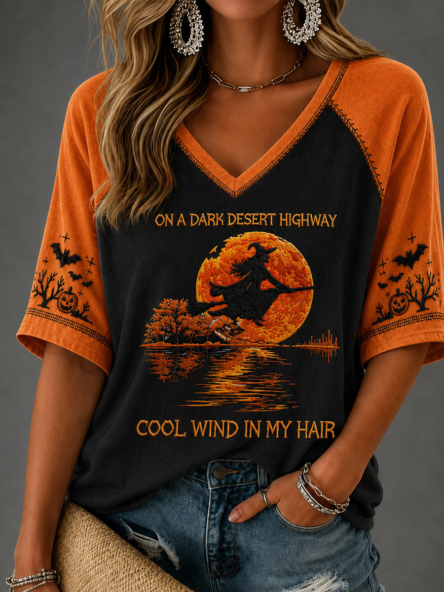 On A Dark Desert Highway Cool Wind In My Hair V-Neck Shirt Halloween Witch Merch - Animerelic
