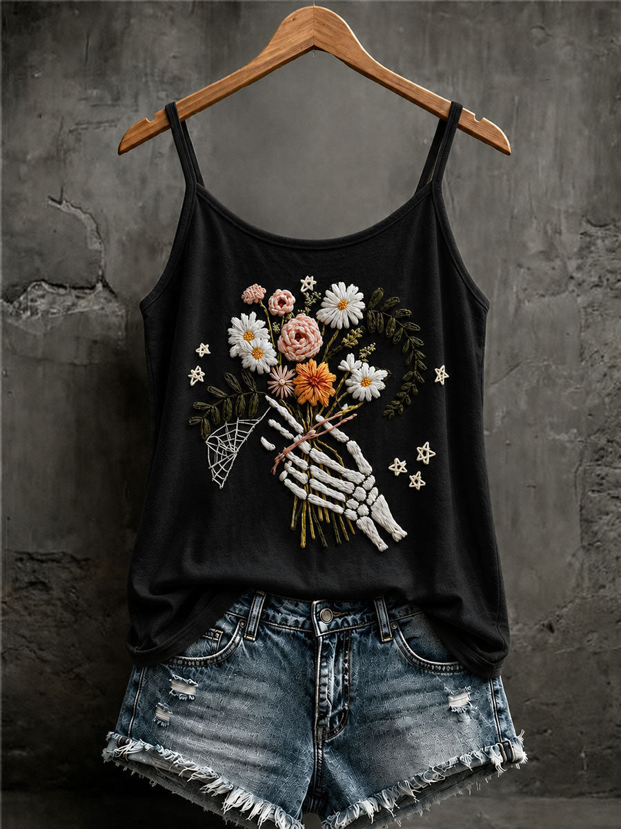 Skeleton Hand Holding Flower Tank Top Floral Clothing Halloween Gifts For Her - Animerelic