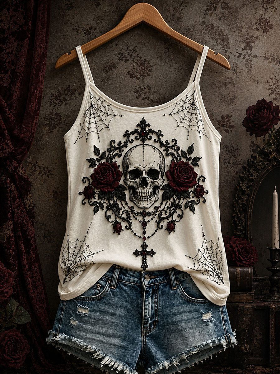 Skull Roses Spiderwebs Tank Top Gothic Halloween Merch Halloween Outfits For Women - Animerelic