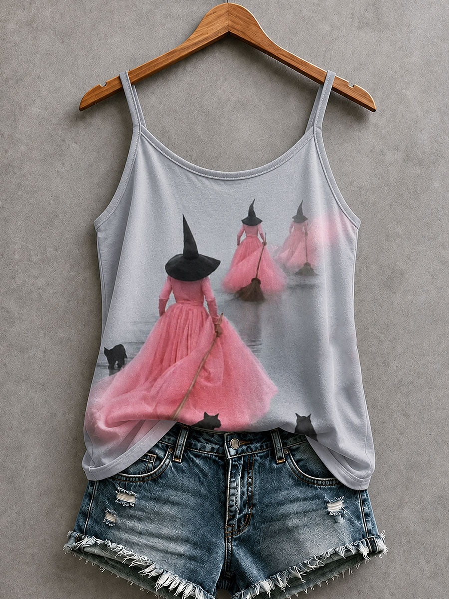 Three Witches With Brooms Black Cats Tank Top Halloween Witch Clothing Present For Women - Animerelic
