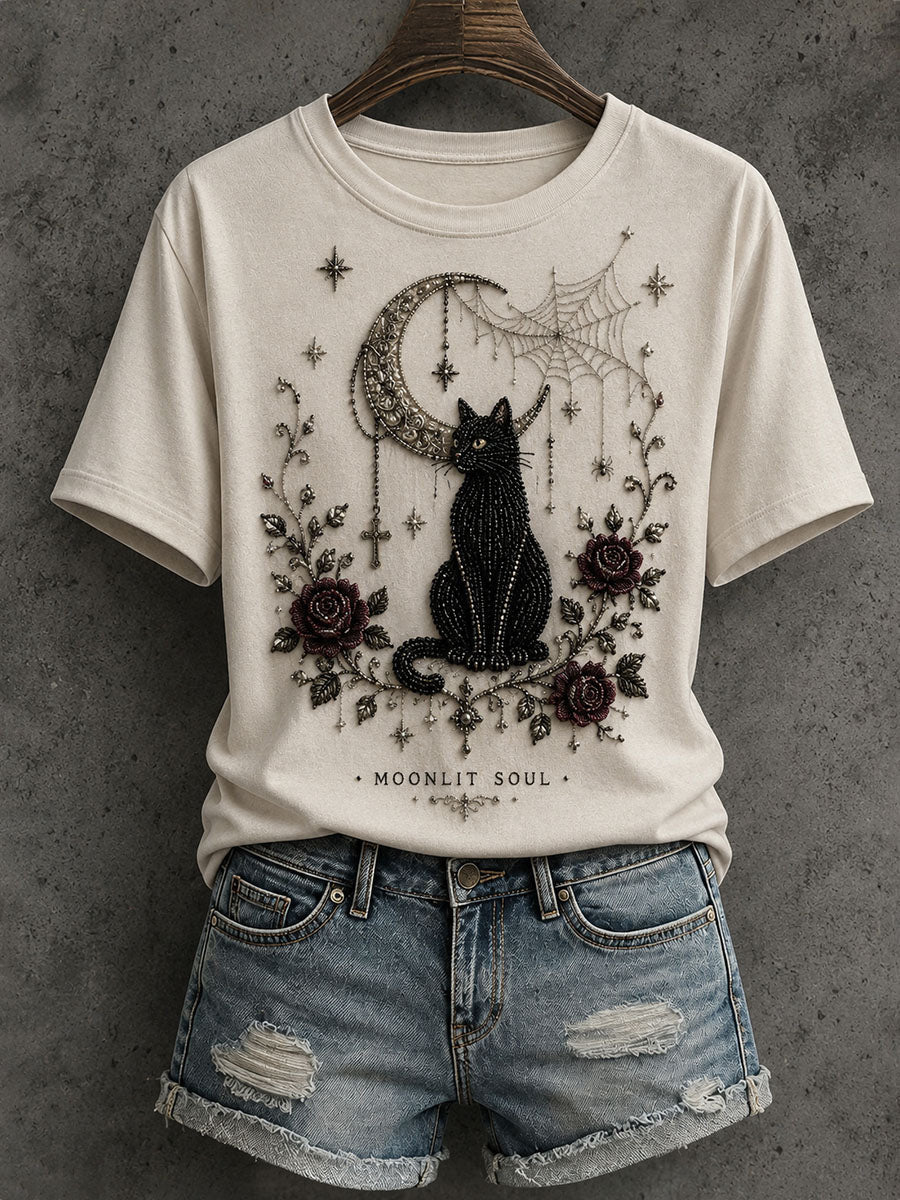 Moonlit Soul T-Shirt Gothic Cat Clothing Halloween Birthday Gifts - Animerelic
