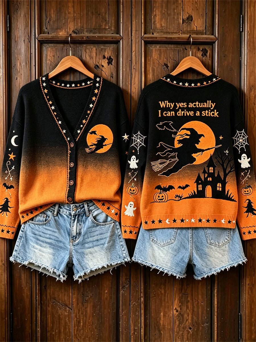Why Yes Actually I Can Drive A Stick Cardigan Uly Sweater Halloween Witch Merch Halloween Gifts - Animerelic