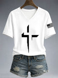 Religious Cross V-Neck Shirt Christian American Apparel Cool Merch Gifts For Fans - Animerelic