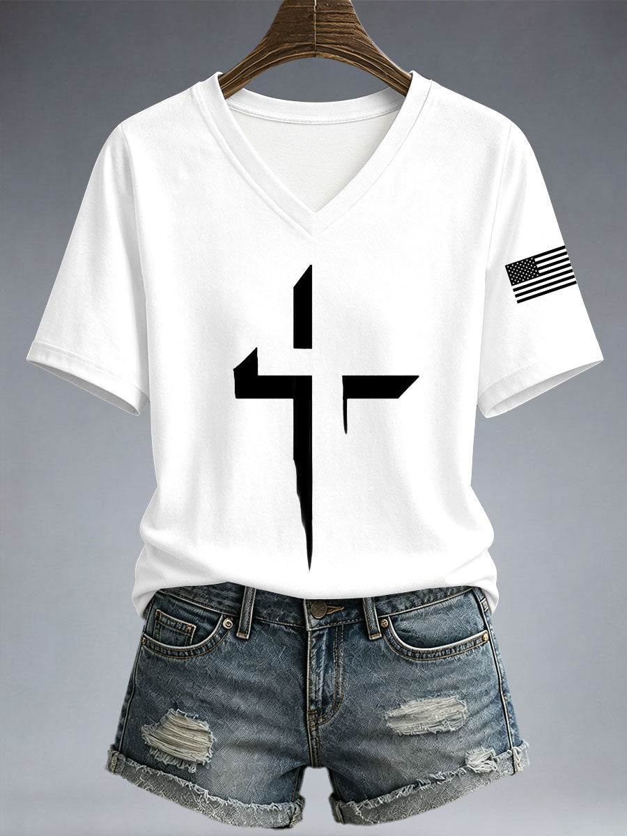 Religious Cross V-Neck Shirt Christian American Apparel Cool Merch Gifts For Fans - Animerelic