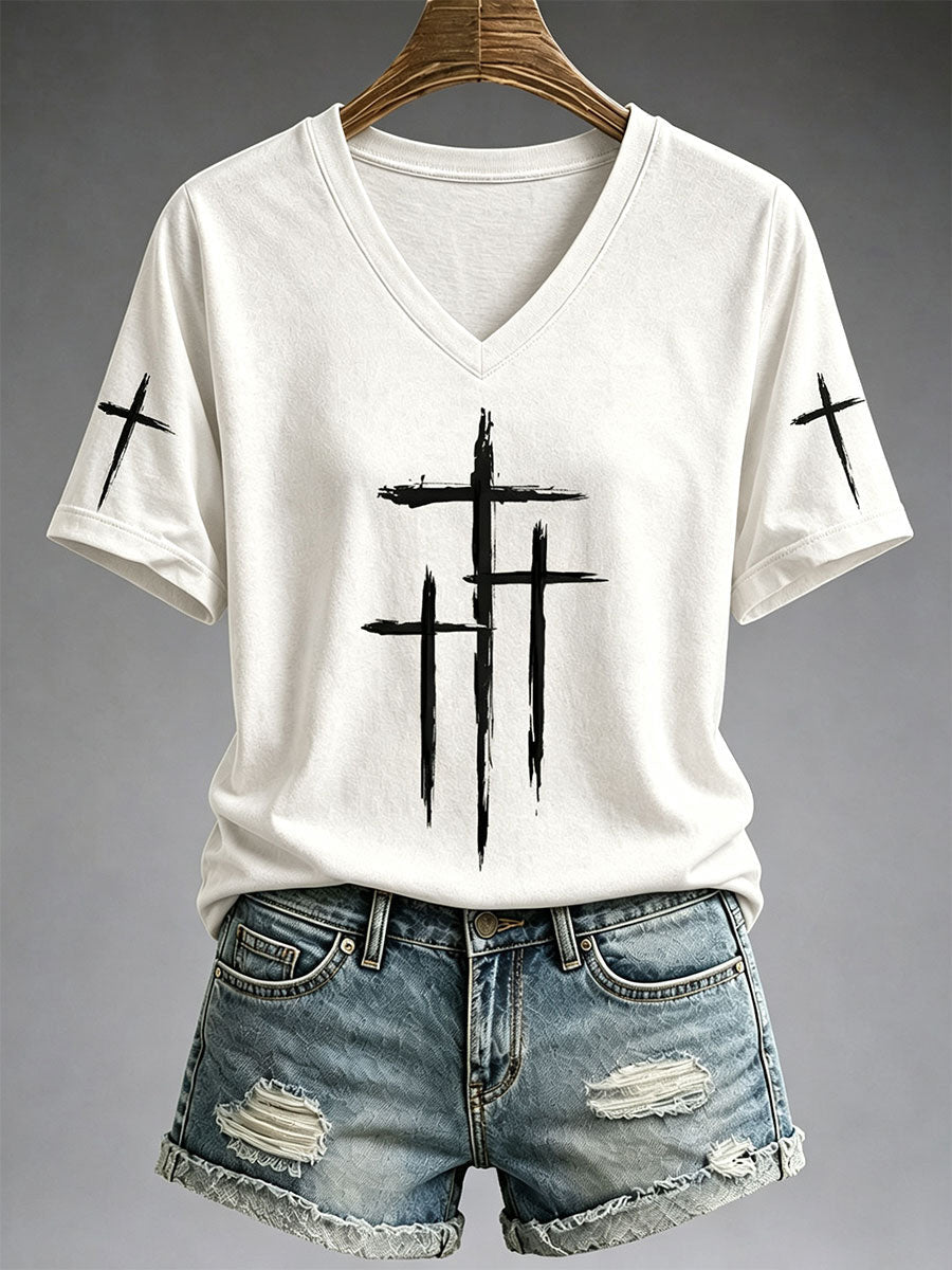 Three Crosses V-Neck Shirt Jesus Symbol Clothes Unique Gift For Her - Animerelic