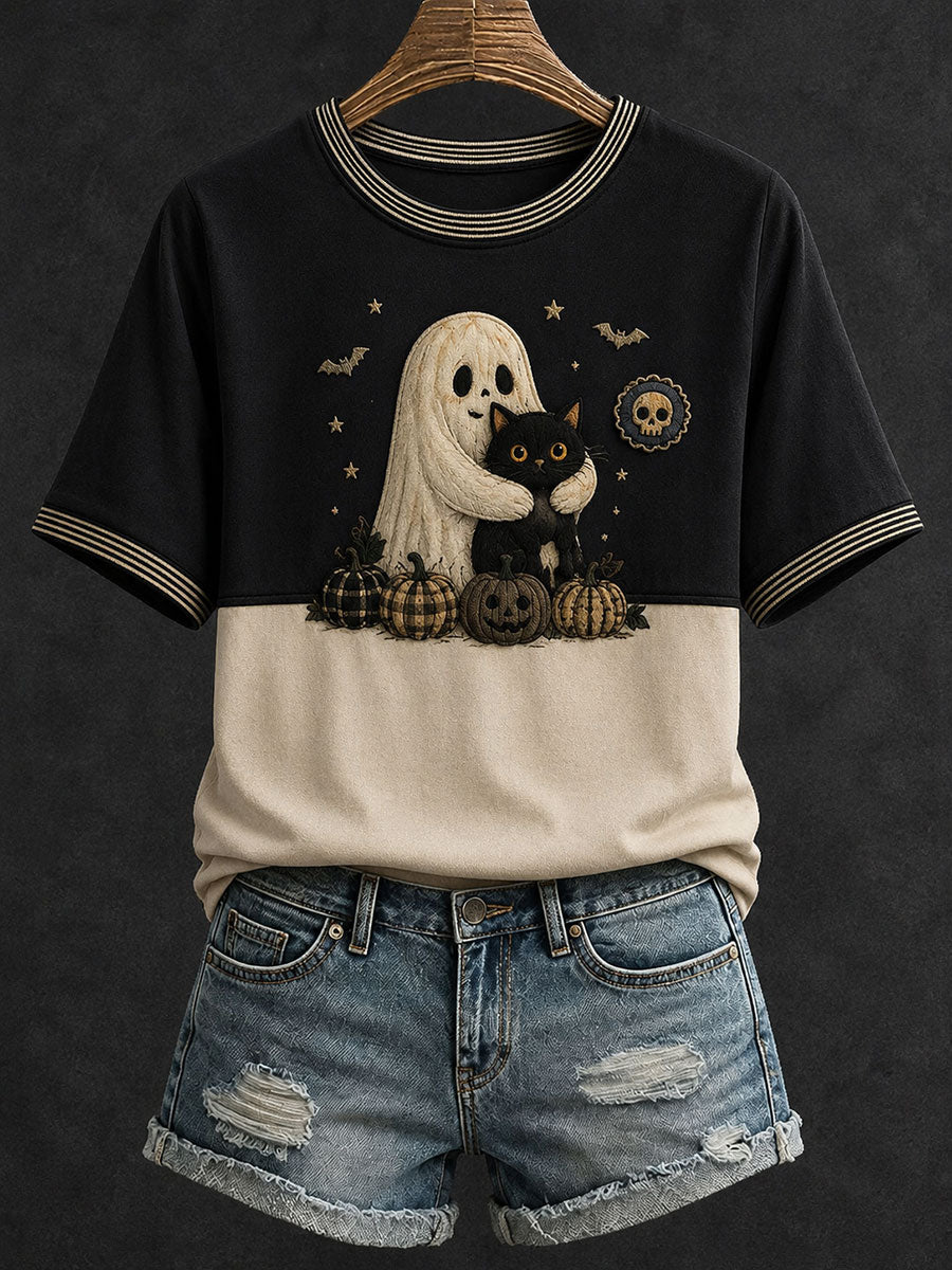 Ghost Hugging Black Cat Pumpkins T-Shirt Halloween Spooky Merch Top Apparel Gift