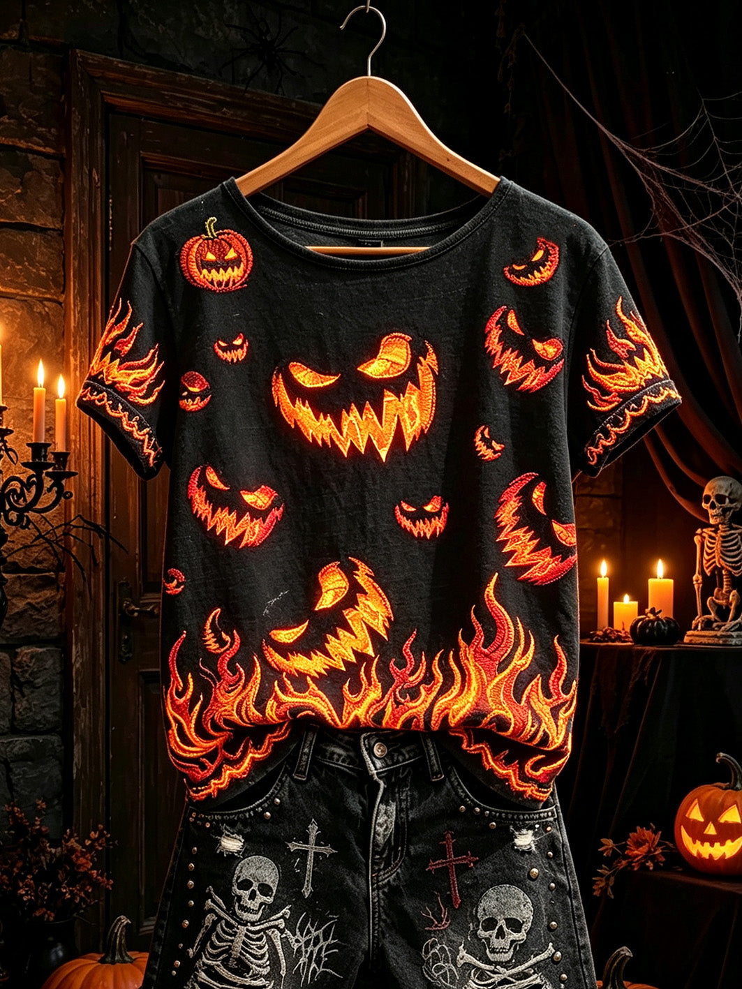 Jack O Lantern Flames T-Shirt Halloween Spooky Merch Unique Birthday Gift For Women