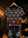 Skull Pattern With Chain Diamonds T-Shirt Halloween Spooky Merch Birthday Present For Women