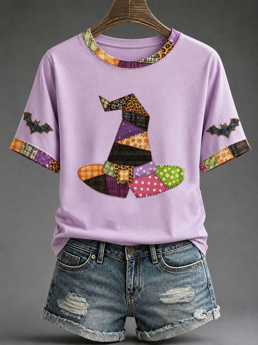 Patchwork Witch Hat T-Shirt Halloween Clothing Meaningful Gifts For Women