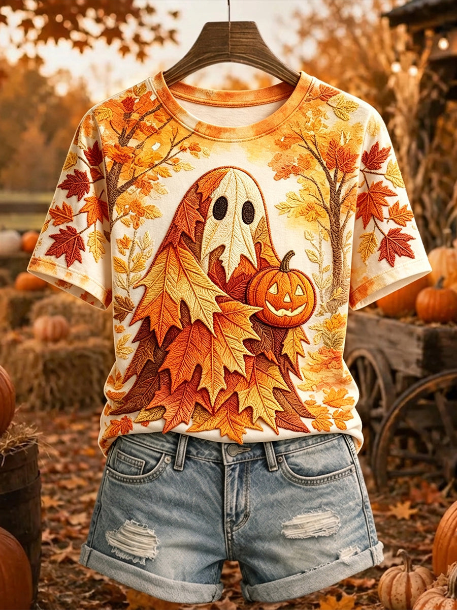 Ghost Wrapped In Autumn Leaves Pumpkin T-Shirt Halloween Clothing Gifts For Wife