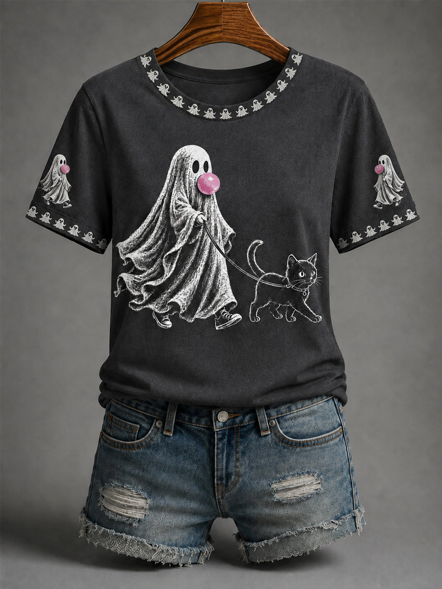 Ghost Walking Cat T-Shirt Halloween Spooky Clothing Halloween Gifts
