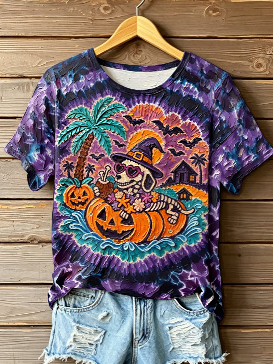 Skeleton Dog Pumpkin Palm Tree T-Shirt Halloween Spooky Clothing Ideas Gift