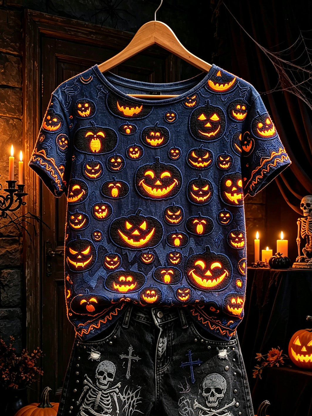 Jack O Lantern Pattern T-Shirt Halloween Pumpkin Merch Good Gifts For Women