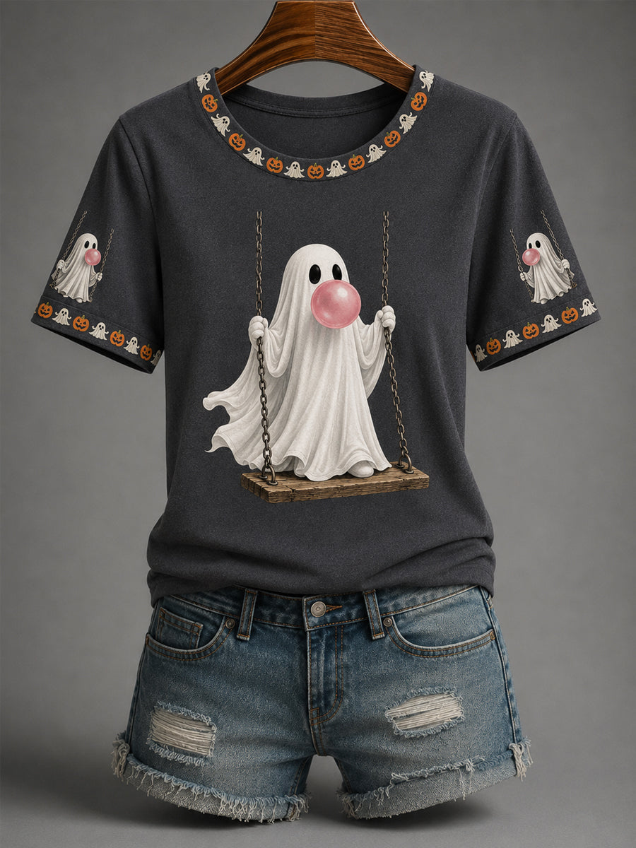 Cute Ghost Blowing Bubble Gum T-Shirt Halloween Clothing New Halloween Outfit Ideas