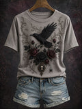 Spooky Raven Skull T-Shirt Gothic Raven And Black Roses Merch Halloween Gifts For Adults
