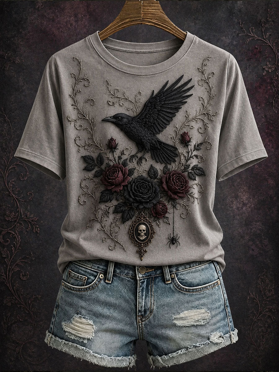 Spooky Raven Skull T-Shirt Gothic Raven And Black Roses Merch Halloween Gifts For Adults