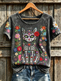 Cat Sugar Skull Face Skeleton T-Shirt Boho Floral Sugar Skull Merch Unique Gifts For Fans
