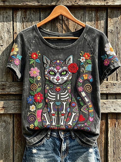 Cat Sugar Skull Face Skeleton T-Shirt Boho Floral Sugar Skull Merch Unique Gifts For Fans