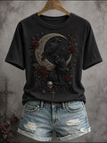Black Cat Raven On Crescent Moon Roses Skull T-Shirt Gothic Halloween Clothing Best Gifts
