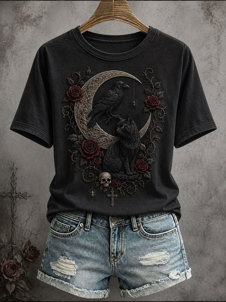 Black Cat Raven On Crescent Moon Roses Skull T-Shirt Gothic Halloween Clothing Best Gifts