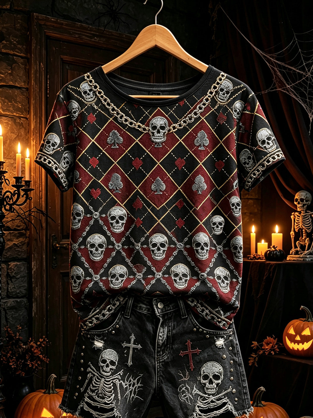 Skull Pattern With Card Suits T-Shirt Halloween Gothic Clothing Spooky Apparel For Her
