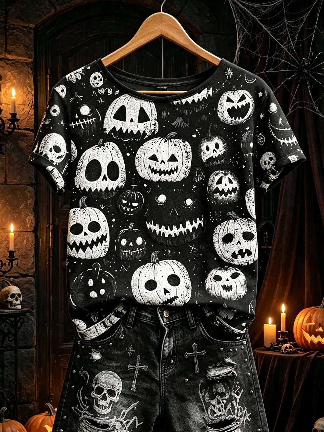 Jack-O_-Lanterns Skulls T-Shirt Halloween Spooky Clothing Halloween Gifts For Her
