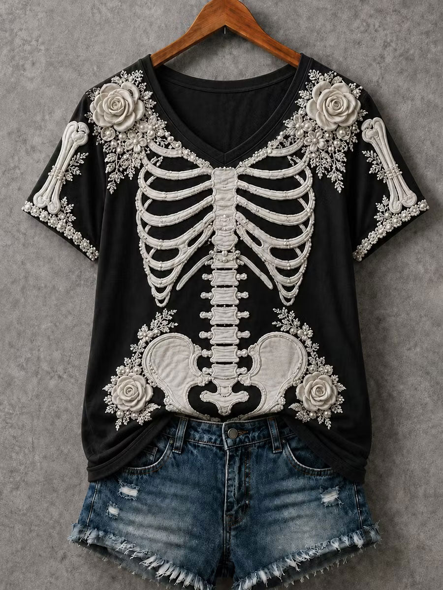 Skeleton Roses V-Neck Shirt Halloween Floral Clothing Fall Fashion Gift Ideas