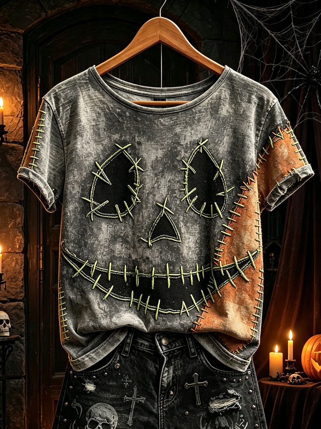 Stitched Jack O Lantern Face T-Shirt Halloween Spooky Clothing Cool Apparel Gift