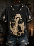 Ghost Black Cat V-Neck Shirt Halloween Spooky Clothing Cool Apparel Gift
