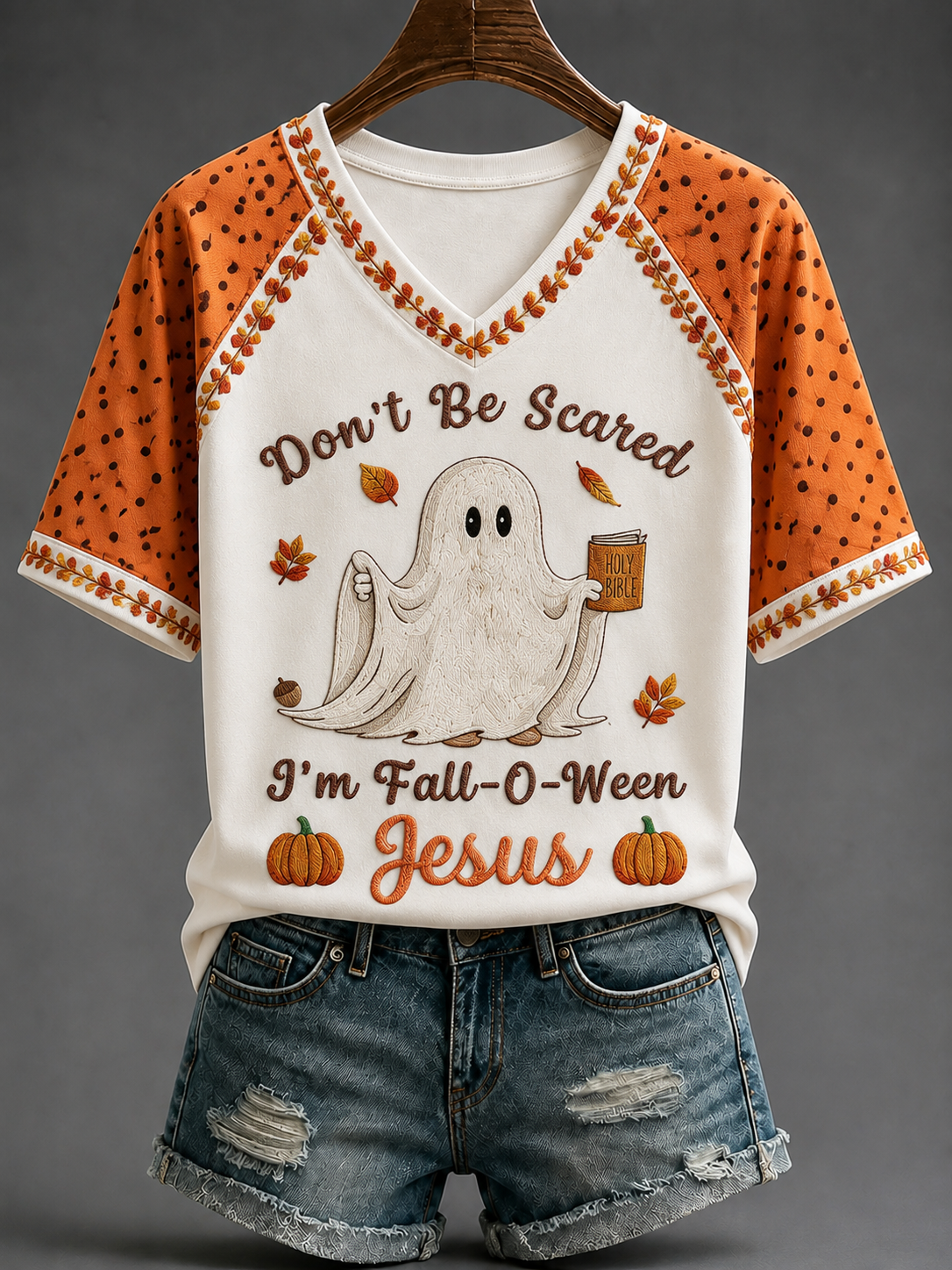 Don_t Be Scared I_m Fall-o-ween Jesus V-Neck Shirt Christian Halloween Fall Clothes