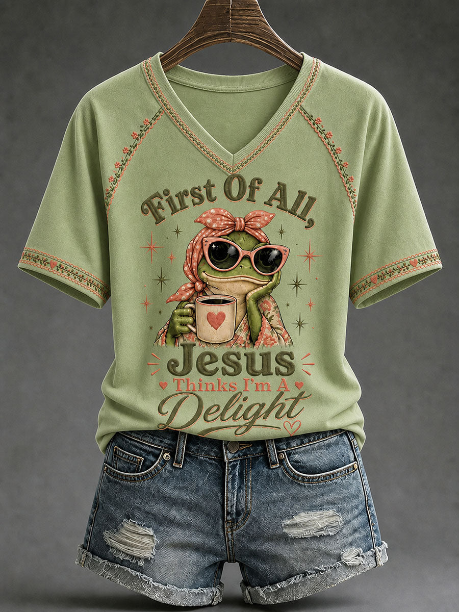 First Of All Jesus Thinks I_m A Delight V-Neck Shirt Christian Faith Clothes Faith Husband Gift