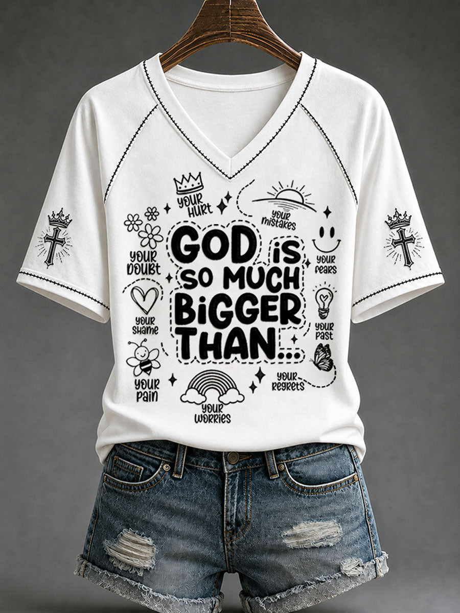 God Is So Much Bigger Than V-Neck Shirt Christian Symbols Merch Birthday Gift For Husband